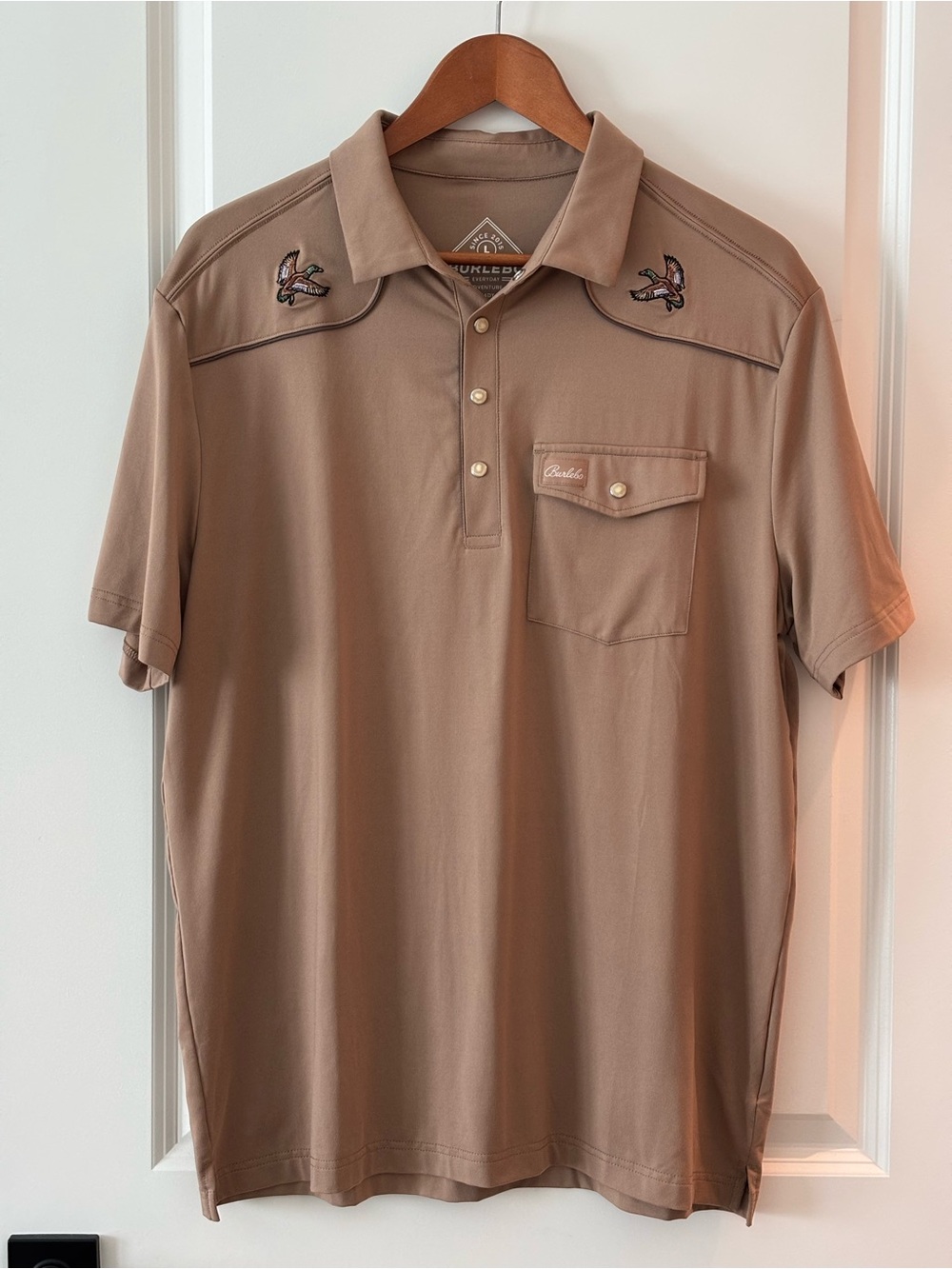 BURLEBO Men's Short Sleeve Polo in Taupe with Embroidered Ducks